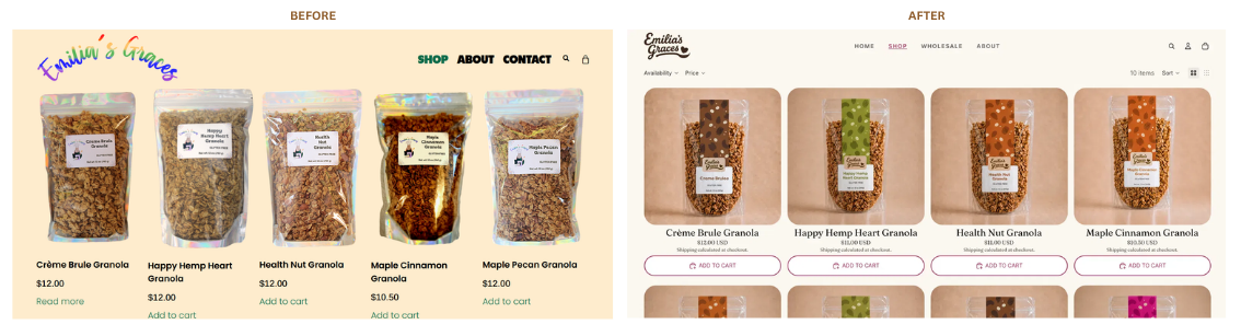 The old Emilia's Graces shop page beside the redesigned product grid, showing the jump in hierarchy, photography, and trust.