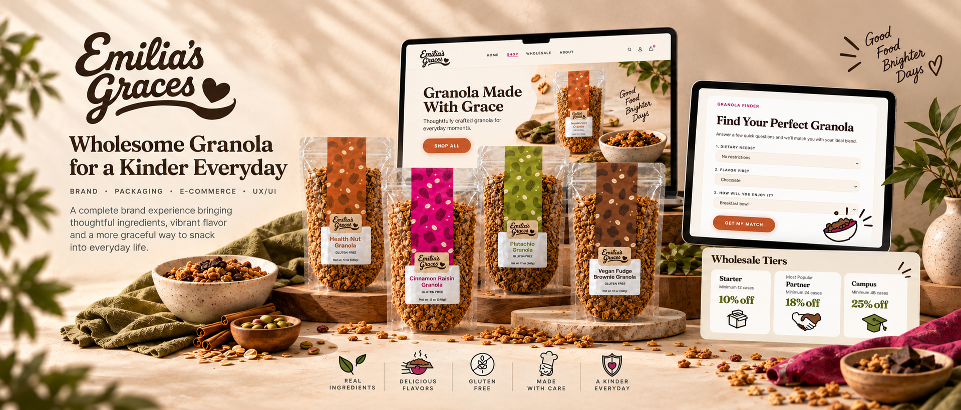Emilia's Graces brand hero — packaging lineup, homepage, granola finder, and wholesale tiers.