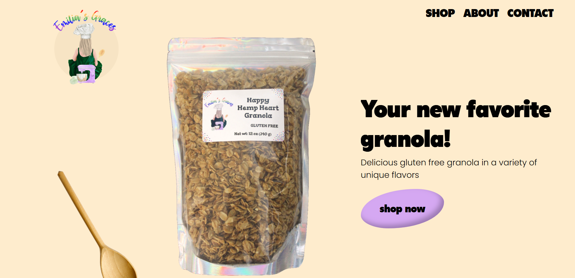 The original Emilia's Graces site, showing the inconsistent rainbow logo, holographic packaging, and unclear product hierarchy that the redesign addressed.