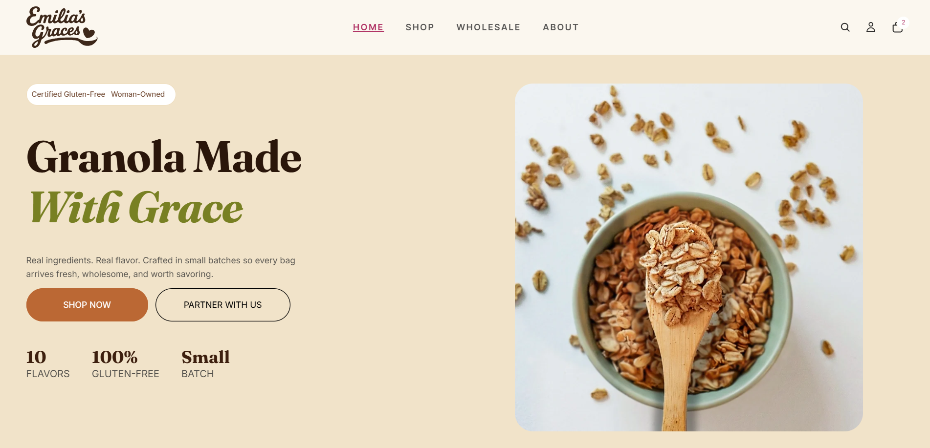 Redesigned homepage with gluten-free and woman-owned trust signals above the fold and a product-first layout.