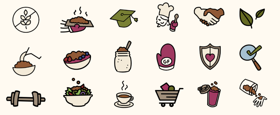 Custom line-art icon set of ingredients and packaging motifs with consistent stroke weight.