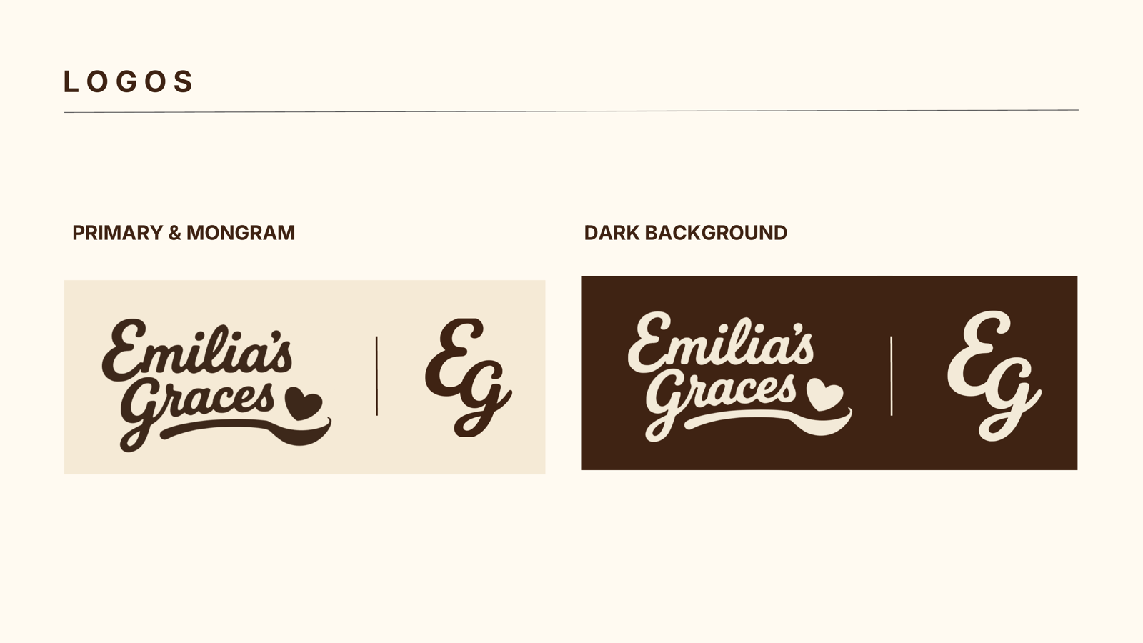 Emilia's Graces logo system: Fraunces-italic wordmark with hand-drawn swash and EG monogram, shown on light and dark backgrounds.