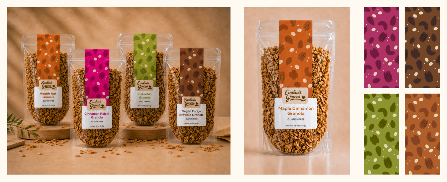 Granola packages shown together, differentiated by color and pattern within one consistent layout.