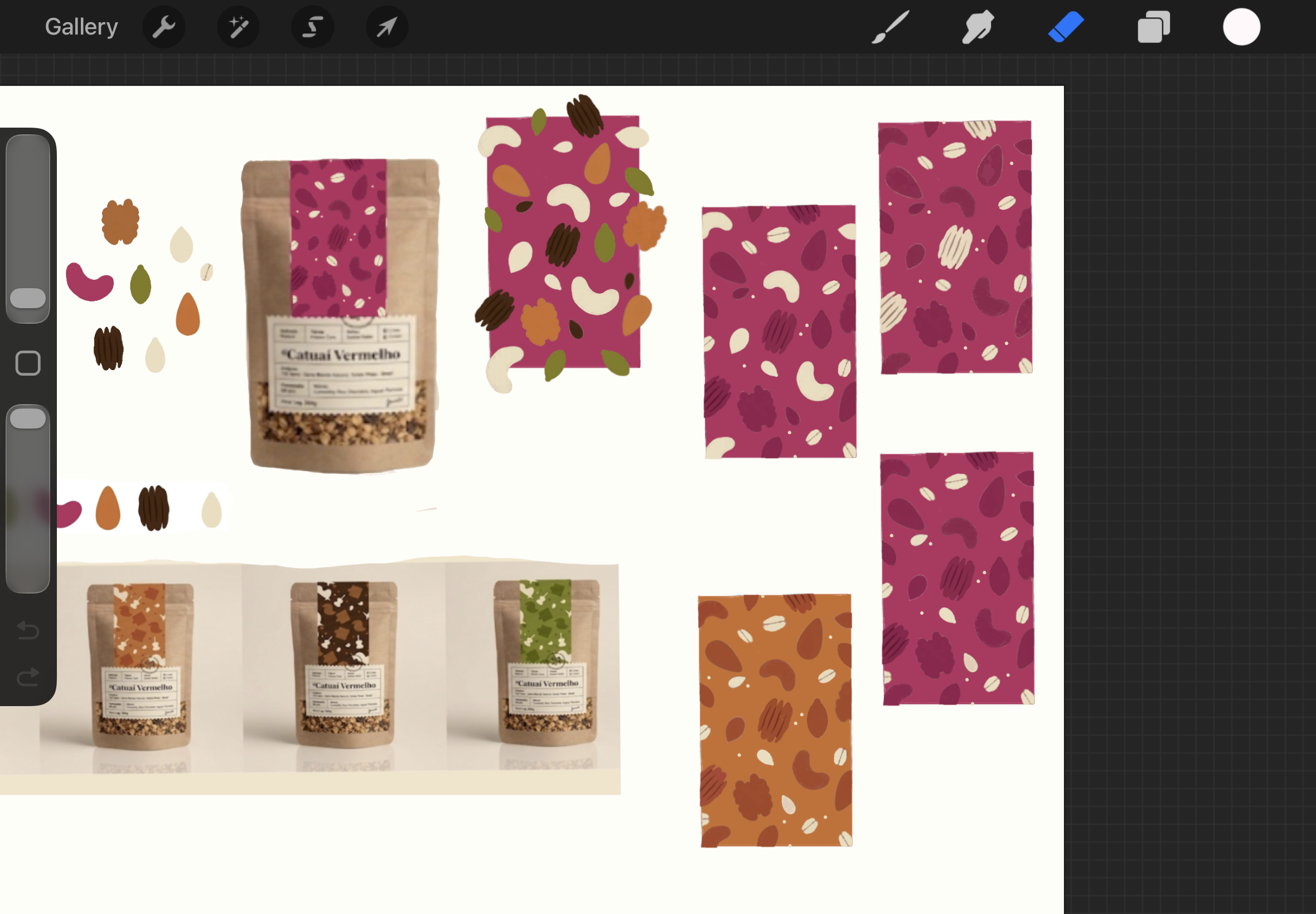 Hand-drawn granola-ingredient patterns painted in Procreate that became the packaging motifs.