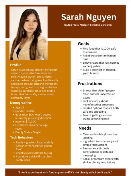 Persona card for Sarah Nguyen, an allergen-sensitive consumer who needs visible gluten-free assurance before purchasing.
