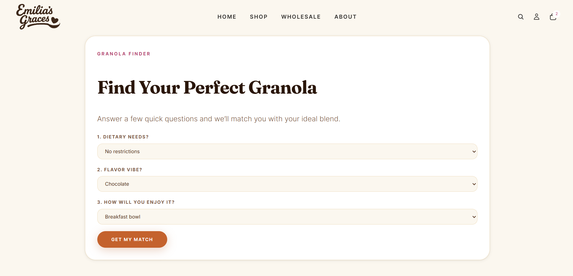 The Find Your Perfect Granola quiz that guides first-time buyers to a match.