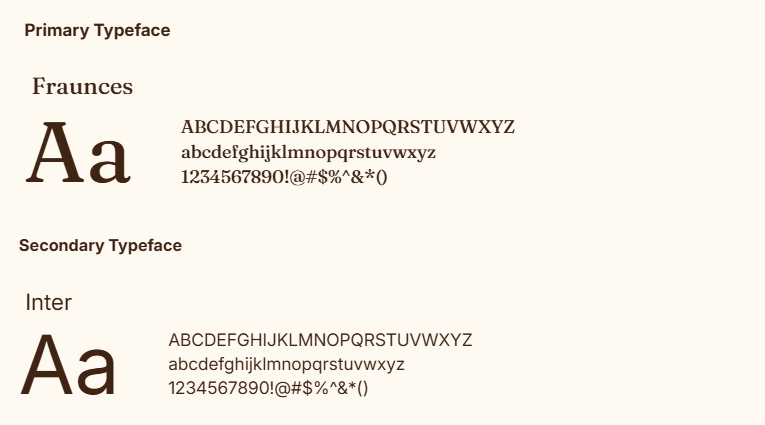Type specimen pairing Fraunces italic headlines with Inter body text.