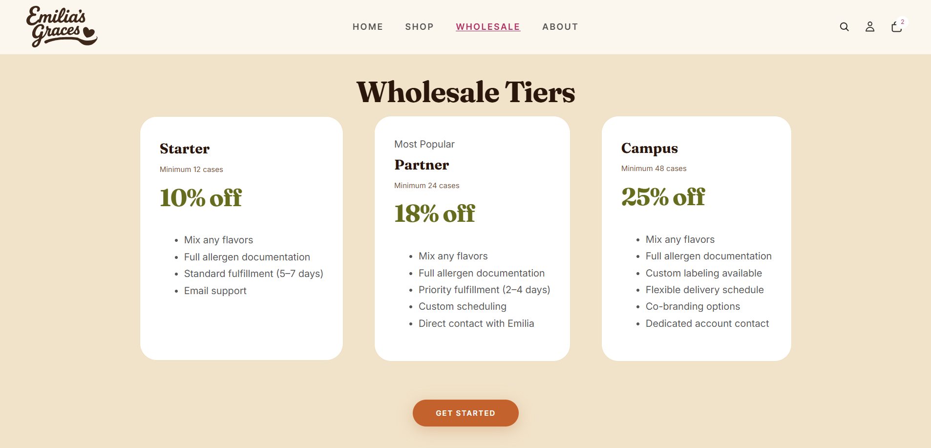 Wholesale tiers page with Starter, Partner, and Campus pricing and a clear inquiry pathway.