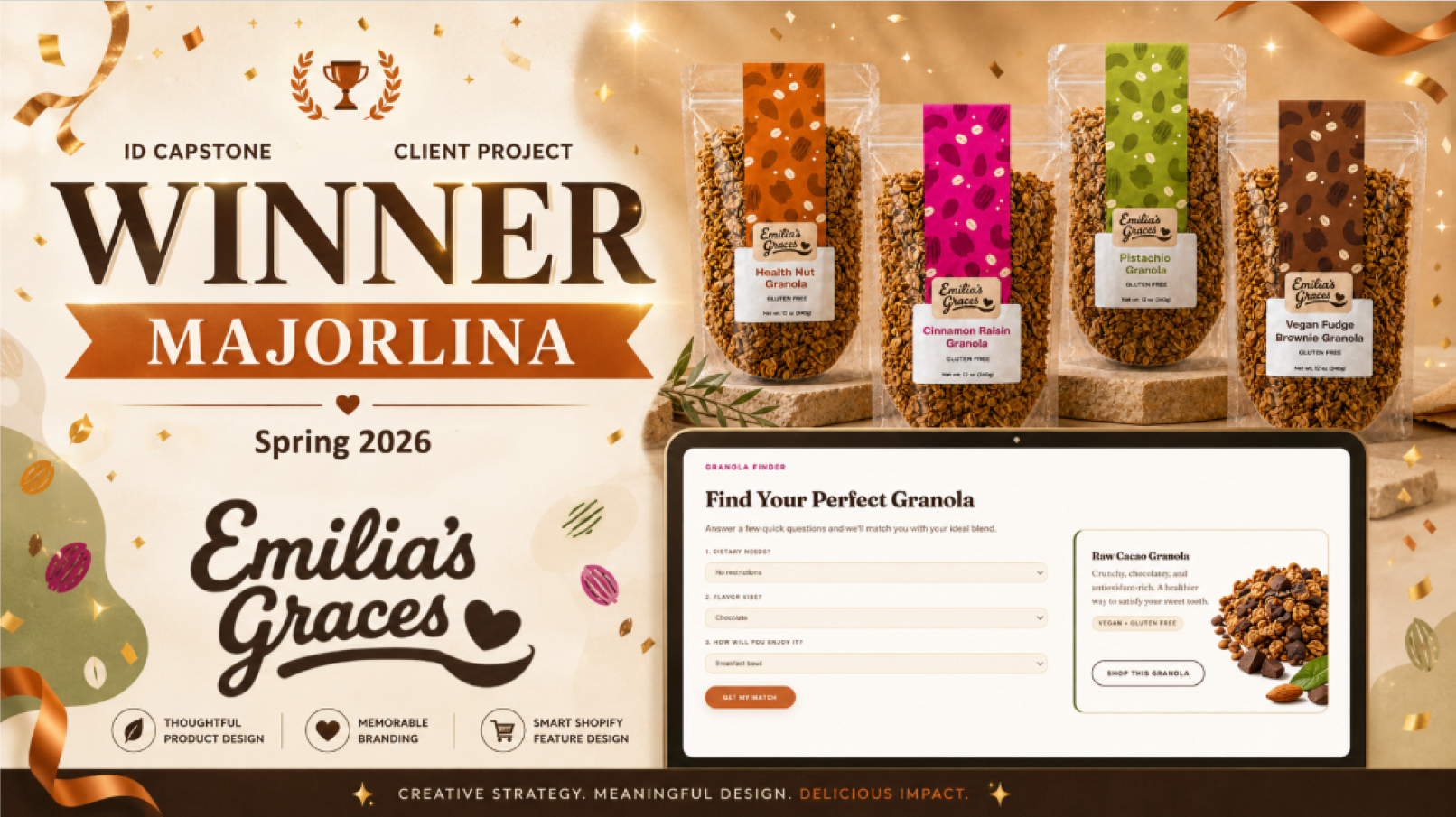 Capstone showcase winner announcement featuring Team Majorlina and the Emilia's Graces redesign.