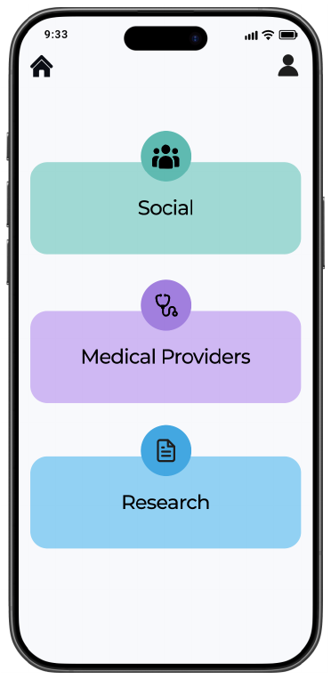 MyAbility home screen with Social, Medical Providers, and Research sections consolidated in one place