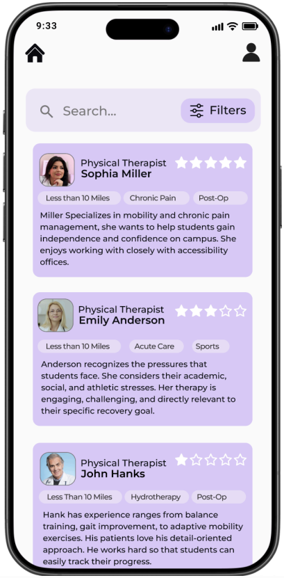 MyAbility provider search screen with a search bar and filters to narrow results by need