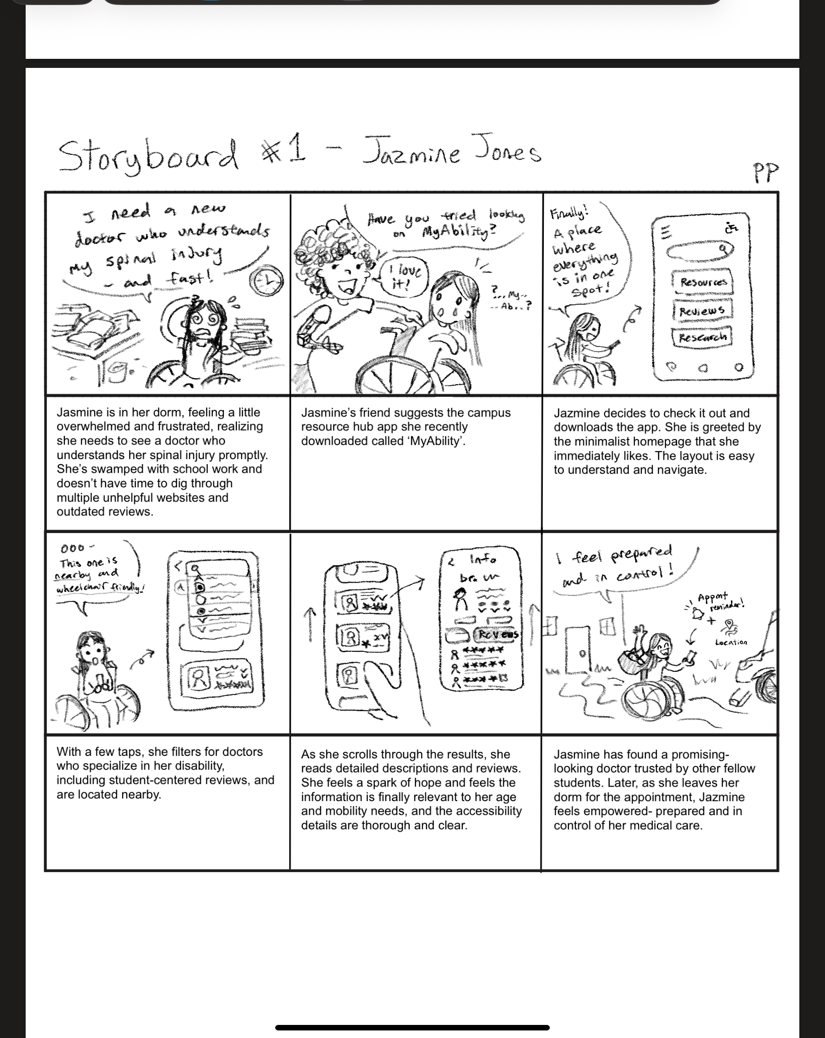 Scenario storyboard following Jasmine, a student, as she struggles to find an accessible doctor and finally succeeds through MyAbility