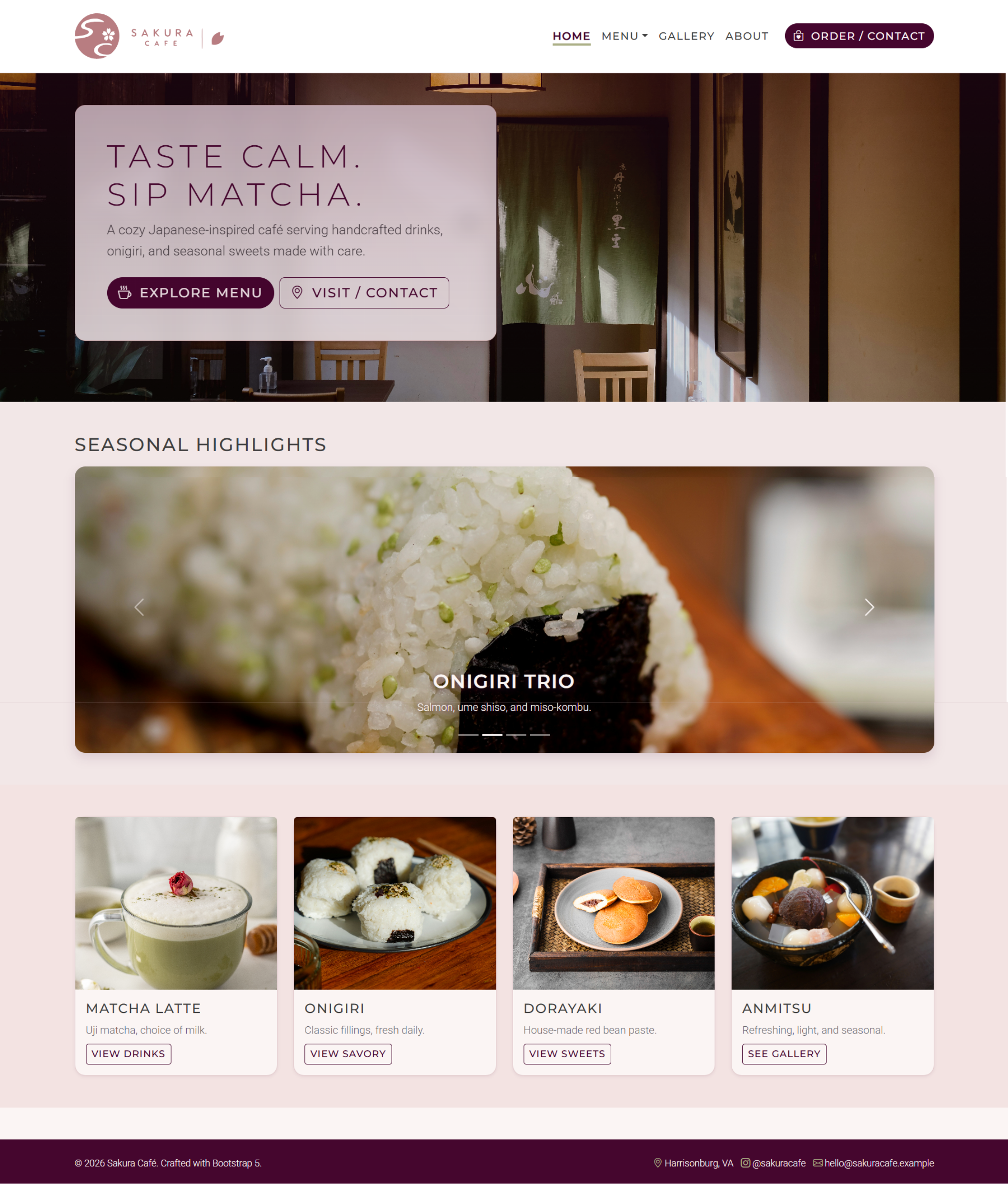 Sakura Café homepage — hero, seasonal highlights, and featured items.