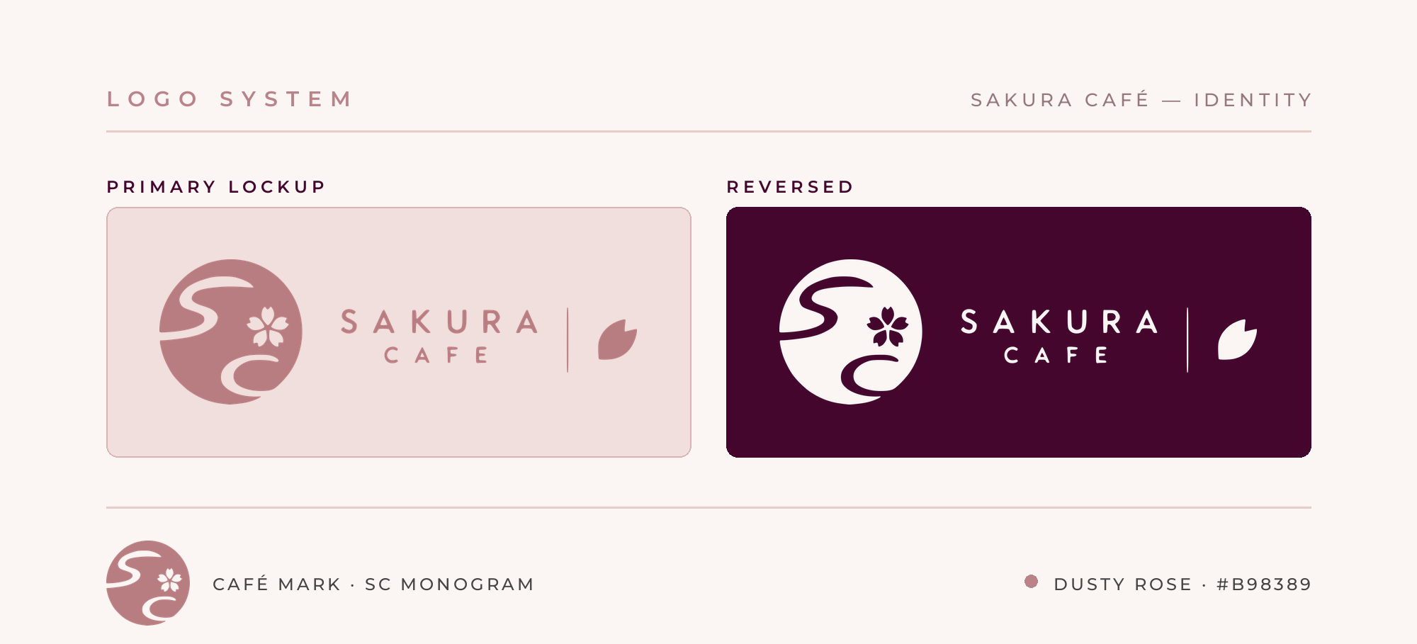 Sakura Café logo system — primary lockup, reversed version on crimson violet, and the SC café mark.