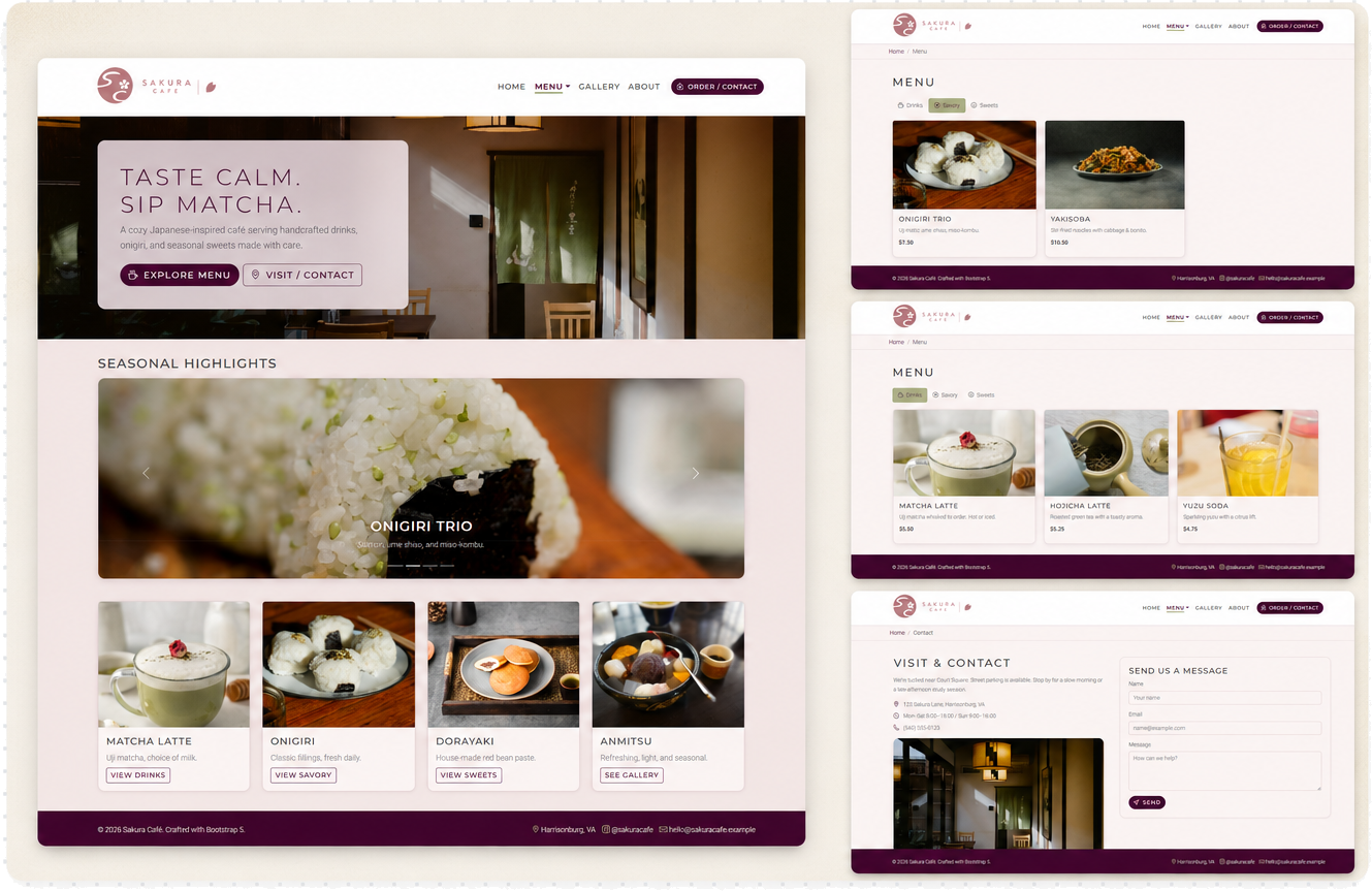 Sakura Café menu and contact pages across multiple screens.