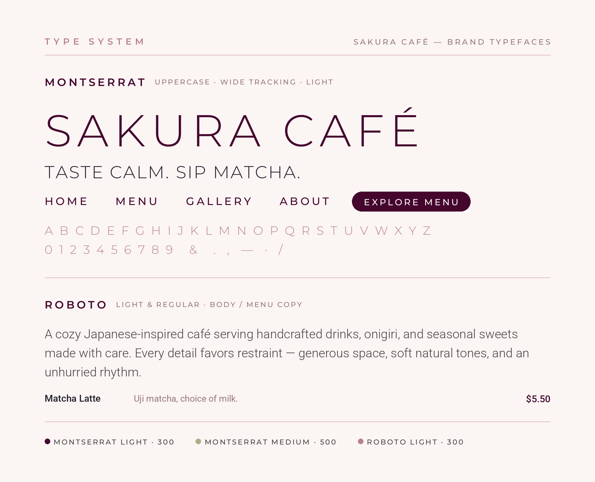 Sakura Café typography specimen — Montserrat uppercase display and Roboto Light body text.